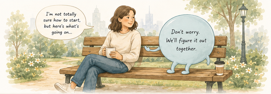 A person and an AI conversation companion sitting together on a park bench