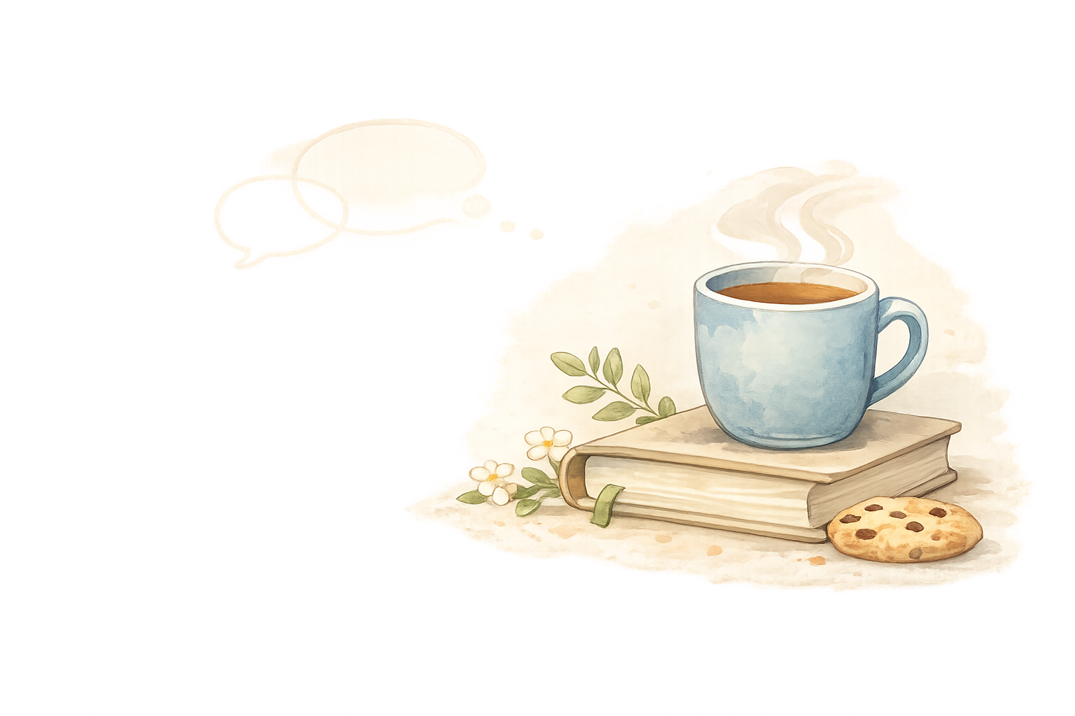 A steaming blue mug on stacked books beside flowers and a cookie
